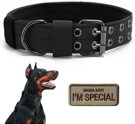 Tactical Dog Collar – Heavy-Duty Adjustable Military Nylon Collar with Metal Buckle (Black, L)