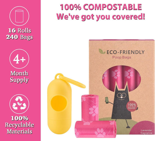 Biodegradable Dog Poop Bags – 240 Count with Holder 