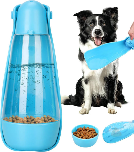 3-in-1 Portable Dog Water Bottle – Foldable Bowl, Food Container & Poop Scooper, 14.2oz (Blue)